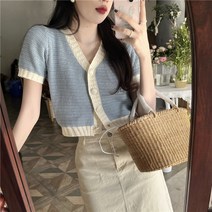 피어니스트 브이넥 왕단추 반팔 니트 가디건