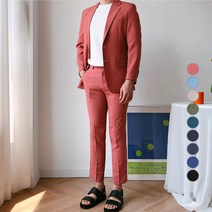 언탭트 남성용 썸머 린넨 투버튼 캐주얼 수트 자켓 + 긴바지 세트