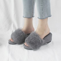 벨라노이 여성용 따뜻한 리얼 토끼털 웨지힐 통굽 슬리퍼 6.5cm