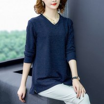 에디에퀸 여성용 봄가을 V넥 루즈핏 트임 빅사이즈 티셔츠
