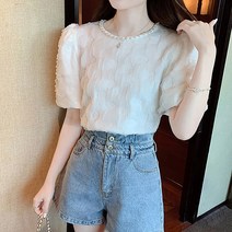 페이퍼먼츠 진주 포인트 라운드넥 여름 반소매 블라우스 05257