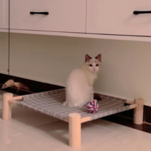 요기쏘 고양이 원목 이동식 해먹 침대, 체크 그레이