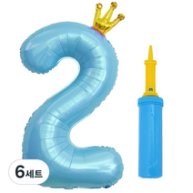 제이벌룬 은박 왕관 숫자풍선 대 2 + 손펌프세트, 블루(풍선), 색상 랜덤발송(손펌프), 6세트