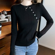 뮤리엘 여성용 슬래쉬 버튼 골지 티셔츠