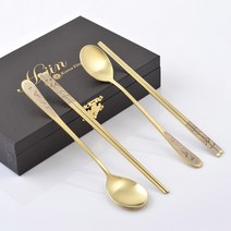 현진 카라 티타늄 수저 2벌 + 케이스 세트, 골드, 숟가락 2p + 젓가락 2쌍 + 케이스
