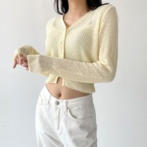 플랜데이 여성용 부클 레모나 브이넥 크롭 가디건