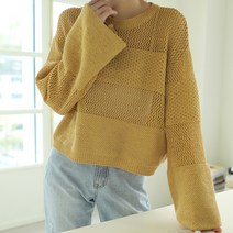 빼빼 여성용 라운드넥 롱와이드소매 스트라이프패턴 그물 니트 티셔츠