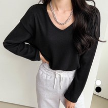세컨그라운드 여성용 루즈핏 브이넥 트임 기모 티셔츠