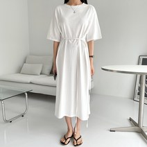 이지스튜디오 여성용 루즈핏 롱 트임 스트링 코튼 원피스