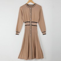 빼빼 여성용 배색라인 플리츠 주름 니트 원피스