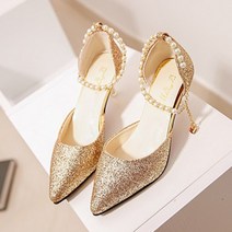 여성용 블링 글리터 진주 발목 스트랩 스틸레토 하이힐 PRDS63