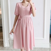 우아해 플리츠 리본데코 임산부 퍼프 반소매 원피스