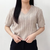 소라해 여성용 가비 브이넥 꽈배기 세미크롭 반팔 니트
