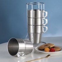 LOTUS 스텐 이중 진공컵 300ml x 4p + 거치대 세트, 실버