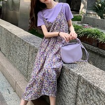 패션나비 레트로 플라워 패턴 페이크 투피스 임산부 반팔 빅사이즈 롱 원피스