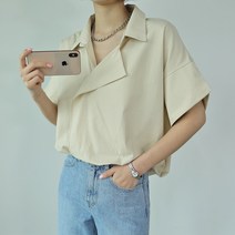 빼빼 여성용 카라넥 크로스 꼬임 반팔 블라우스