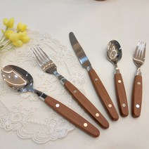 ANOVA 레트로 1인 커트러리 5종 풀세트, 우드, 디너 스푼 + 나이트 + 포크 + 디저트 스푼 + 포크
