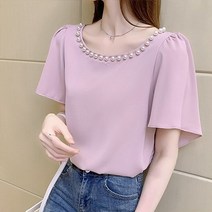 묘먀미 여성용 라운드 진주넥 쉬폰 블라우스 MMM282