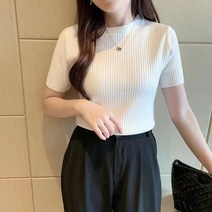 여성용 굿샵 라운드넥 골지 풀오버 반팔 니트