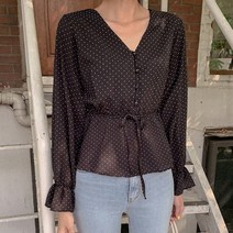 큐니걸스 여성용 도트콩 셔링 블라우스