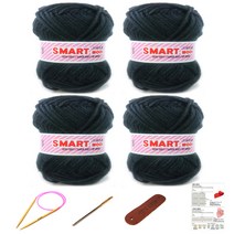 행복뜨기 스마트울 털실 뜨개실 4p + 대바늘 6mm + 돗바늘 + 가죽라벨 + 목도리도안, 2812 차콜, 1세트