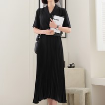 빼빼 여성용 카라넥 반팔 벨트SET 플리츠 원피스