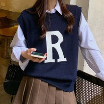공블리 여성용 니트 조끼 알파벳 R 라운드넥 CST1541