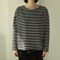 빼빼 여성용 기모 보트넥 스트라이프 긴팔 티셔츠