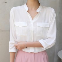 빼빼 여성용 헨리넥 7부소매 힙기장 포켓 블라우스