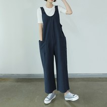 빼빼 여성용 슬리브리스 투버튼 포켓 린넨 멜빵바지 점프수트