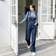 토마토팩토리 여성용 무니 와이드 데님 통 멜빵 팬츠