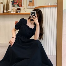 패션나비 귀여운 퍼프 소매 레트로 디자인 임산부 셔링 반팔 롱 원피스