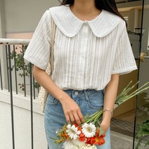 코튼 레이스 자수 반팔 블라우스