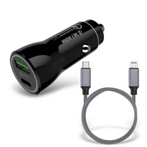 디씨네트워크 퀄컴 3.0 차량용 고속 충전기 USB PD 시거잭 삼성 갤럭시 애플 아이폰 호환 블랙 + PD 페브릭 c to 8 고속충전 케이블 실버 1.2m, 블랙(충전기), 실버(케이블), ITS-PDCC01(충전기)