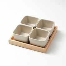 키올리 도자기 소분 정사각 반찬 접시 4p + 우드 트레이 세트, 접시 4p + 트레이, 매트 그레이, 1세트