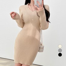 밀키버터 여성용 슬림 브이넥 니트 미니 원피스