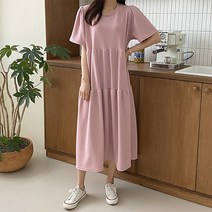 티탁 여성용 빅사이즈 데일리 루즈핏 라운드넥 어깨셔링 반팔 캉캉퓨어롱원피스