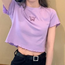 파라주니 여성용 나비 자수 크롭 반팔 티셔츠 RG039