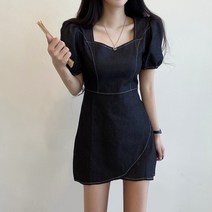 데일리 보헨 데님 스퀘어 퍼프 랩 미니원피스