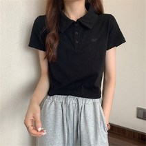 여성용 MA 하트 크롭 반팔 카라 티셔츠