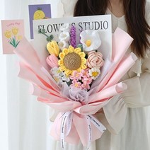 마켓피아 DIY 니트꽃 영생화 + 포장재료, 1개, 18 패연분홍 + 순수한 흰색 + 노란색(꽃다발)