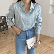플렌데이 여성용 베이직 카라 줄지 스트라이프 셔츠