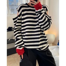 WEINI올봄 동대문 캐주얼 오프숄더 디자인 스트라이프 스웨터