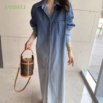 FANSYLI 여성 패션 데님 원피스 터틀넥 보카시 긴팔 데님 원피스 싱글 박시원피스 생활공감 X6M25