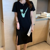 스타일아유 여름 여성 반팔 오버핏 원피스 라운드 빅 브이 도안 프린트 롱 원피스