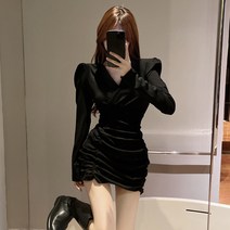 하운드 가을 겨울 키작녀 하객원피스 블랙 결혼식 피로연 브이넥 퍼프 미니원피스 르뚜앙
