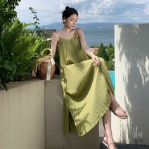 497049 여성 데일리 원피스 봄 여름 비치 스커트 해변 휴가 싼야 사진 주름 슬링 롱 드레스 유휴 스타일 루즈핏