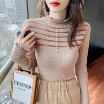 앙반팔니트 페블럼라인 스웨터 고퀄리티 봄가을 디자인감각 화이트 스터드 이너티셔츠 2445298229