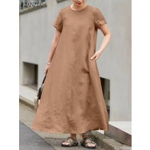 ZANZEA 여름 여성 O넥 반팔 A라인 원피스