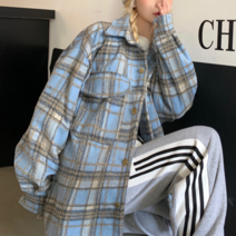 나루니 여성체크남방 모직남방 겨울 가을 트위드패턴 하늘색 체크무늬
